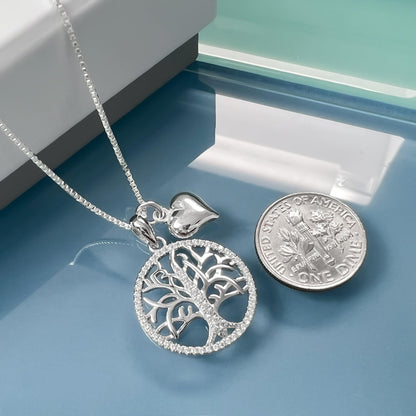 Tree of Life Necklace for Women, 925 Sterling Silver Necklace with Crystals and Puffed Heart Charm - Mom Birthday Gift, Mother of the Bride and Mother of the Groom Gift