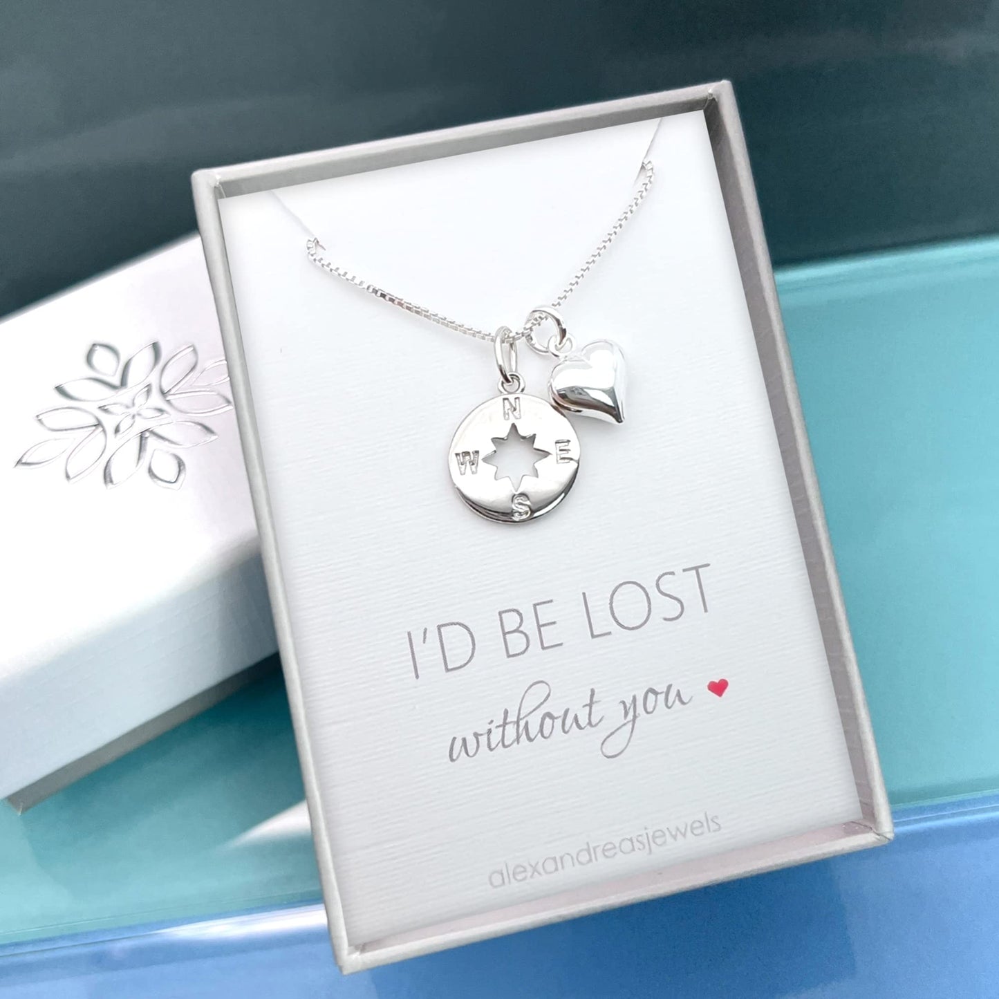 Compass Necklace for Women, Sterling Silver Compass Pendant wit Puffed Heart Charm Necklace, I'd be Lost Without You, Girlfriend Gift Necklace, Wife Anniversary Gift