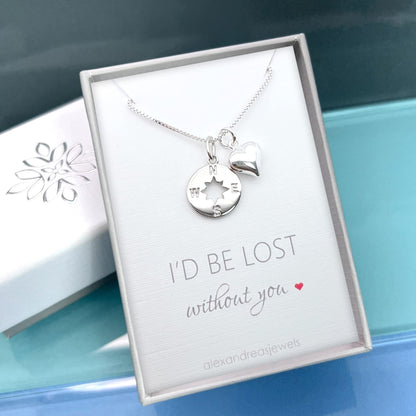 Compass Necklace for Women, Sterling Silver Compass Pendant wit Puffed Heart Charm Necklace, I'd be Lost Without You, Girlfriend Gift Necklace, Wife Anniversary Gift