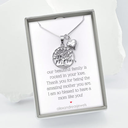 925 Sterling Silver Tree of Life with Tiny Pufed Heart Charm Necklace - Mothers Day Gift, Birthday Valentine's Day Mothers Day Present, Tree of Life Necklace for Women (for mom)