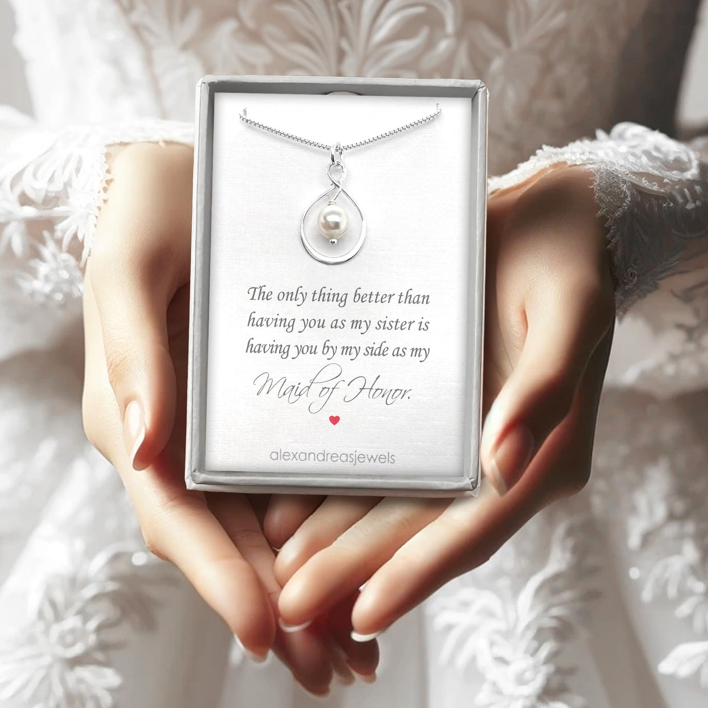 925 Sterling Silver Infinity Necklace with White Crystal Pearl - Elegant Bridal Party Gift with Thank You Card - Adjustable Chain, Wedding Jewelry, White Pearl Necklace (Sister - Maid of Honor)