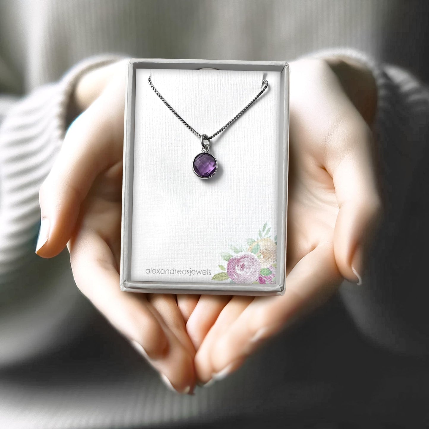 Sterling Silver Purple Amethyst Gemstone Necklace for Women Teen Girls February Birthday Gift