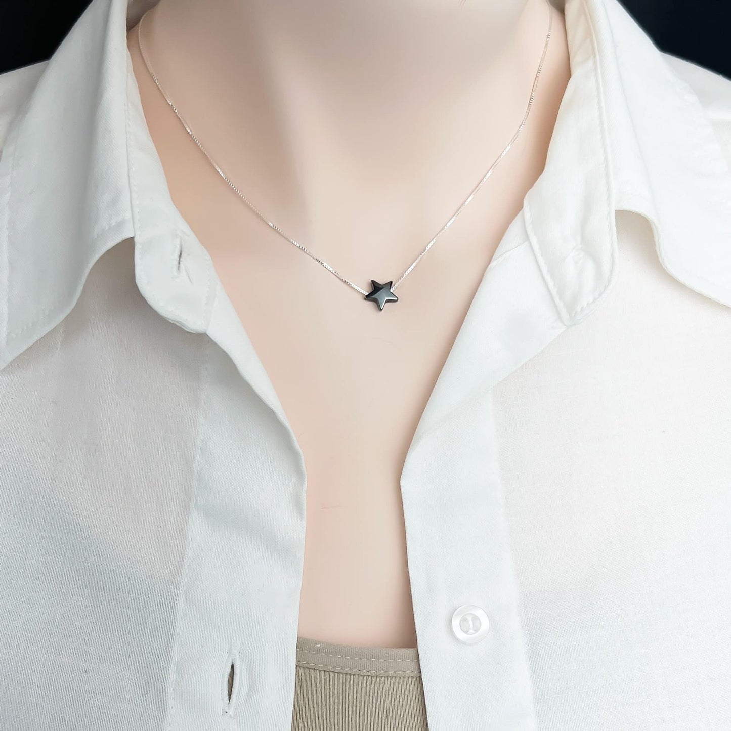 Black Star Necklace, Delicate and Dainty Sterling Silver Black Magnetic Hematite Floating Star Necklace Necklace, Black Star Choker Layering Necklace