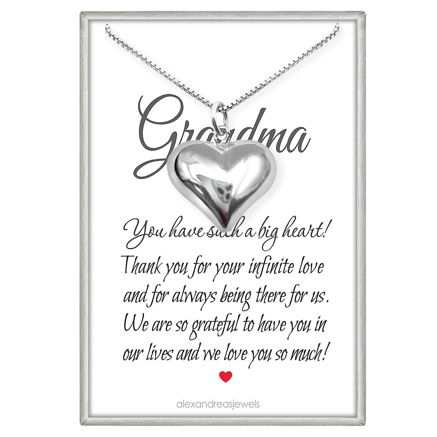 Large Sterling Silver Puffed Heart Charm Necklace for Women, Heart Necklace Gift for Grandma, Grandmother Birthday Gift Necklace