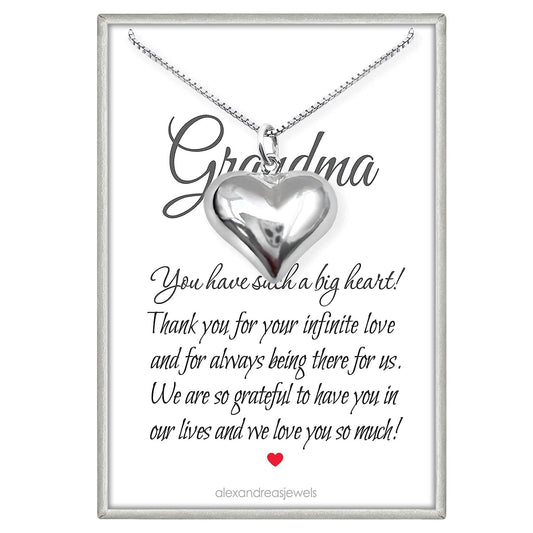 Large Sterling Silver Puffed Heart Charm Necklace for Women, Heart Necklace Gift for Grandma, Grandmother Birthday Gift Necklace