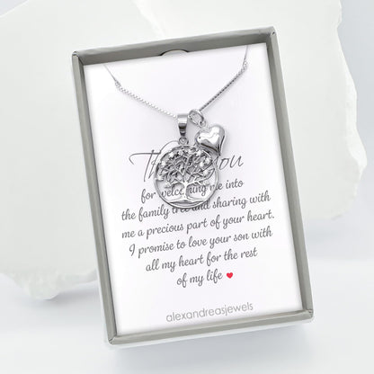 925 Sterling Silver Tree of Life with Tiny Puffed Heart Charm Necklace - Mothers Day Gift, Birthday Valentine's Day Mothers Day Present, Tree of Life Necklace for Women (for mother in law 2)