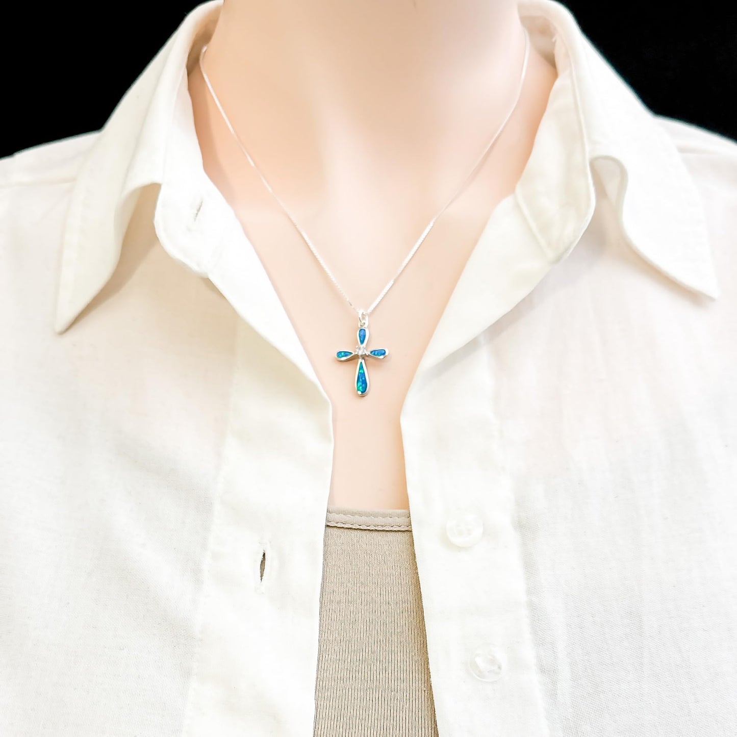 Sterling Silver Cross Necklace for Women, Sterling Silver Cross Pendant Necklace with Lab Created Blue Opal Inlay, Religious Jewelry Gift, Faith Necklace