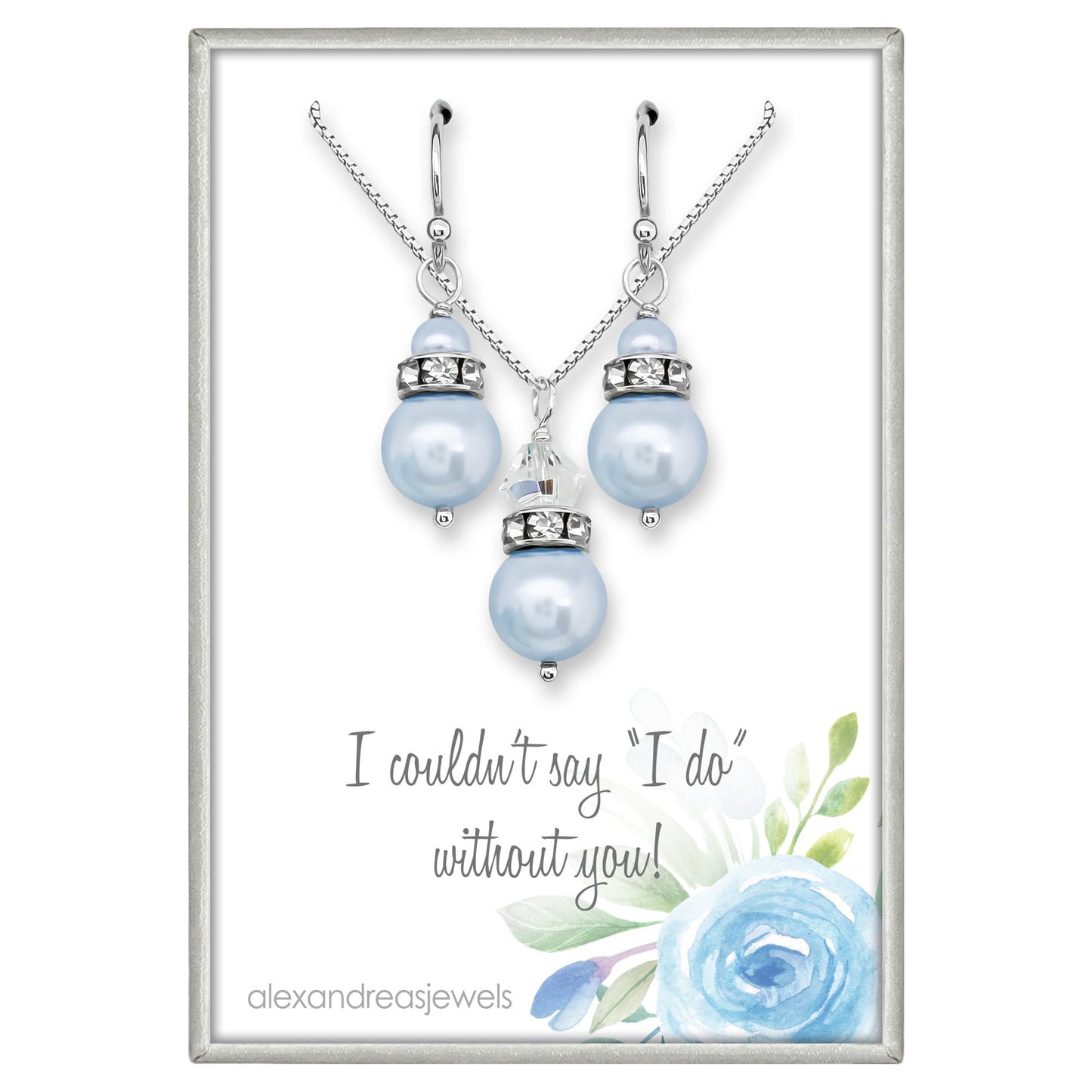 Light Blue Pearl Bridesmaid Necklace and Earrings Set, Light Blue Wedding Bridal Party Jewelry, Maid of Honor Thank You Gift, Bridesmaid Proposal Gift