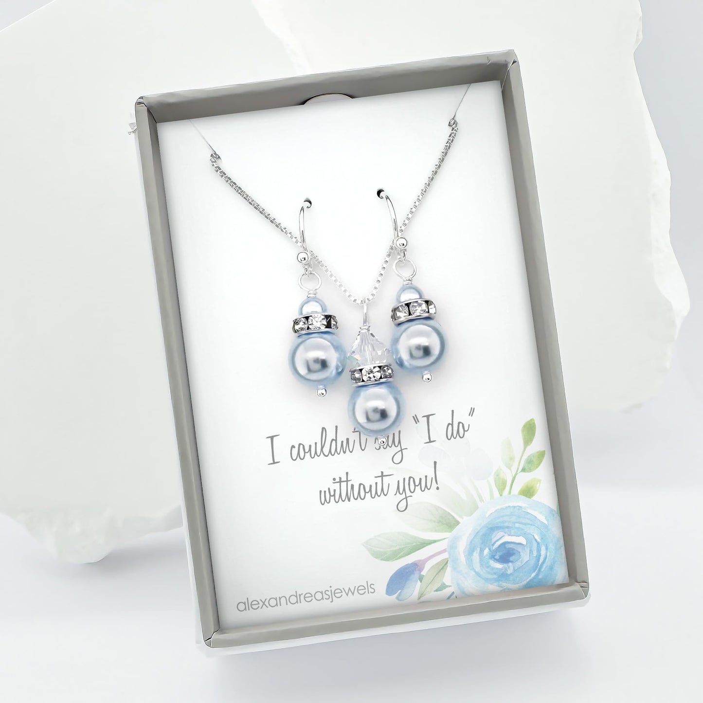 Light Blue Pearl Bridesmaid Necklace and Earrings Set, Light Blue Wedding Bridal Party Jewelry, Maid of Honor Thank You Gift, Bridesmaid Proposal Gift