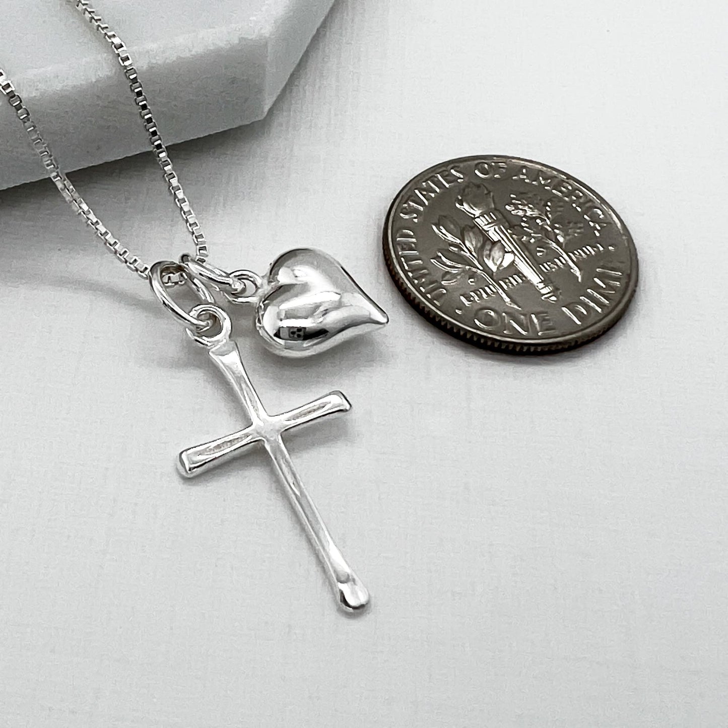 Delicate and Dainty Sterling Silver Cross Necklace with Puffed Heart Charm for Women