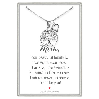 925 Sterling Silver Tree of Life with Tiny Pufed Heart Charm Necklace - Mothers Day Gift, Birthday Valentine's Day Mothers Day Present, Tree of Life Necklace for Women (for mom)