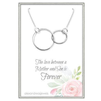 Double Ring Necklace, 925 Sterling Silver Two Interlocking Circles, Mother Daughter Best Friend Birthday, Mother's Day, Valentine's Day, Christmas Present (mother and son - silver)