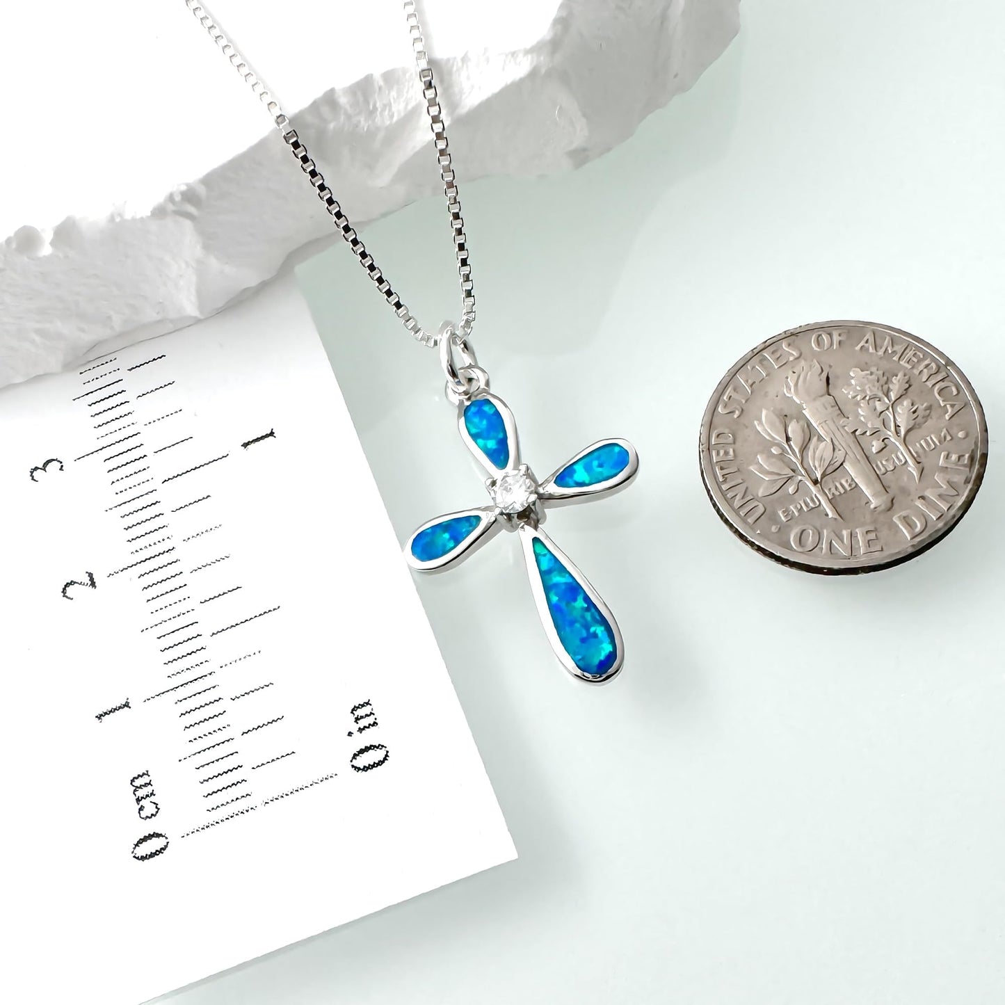 Sterling Silver Cross Necklace for Women, Sterling Silver Cross Pendant Necklace with Lab Created Blue Opal Inlay, Religious Jewelry Gift, Faith Necklace