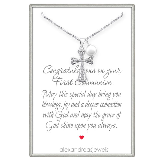 Sterling Silver Cross Necklace for Girls, First Communion Gift Necklace for Daughter, Silver Cross Necklace with Crystal Pearl