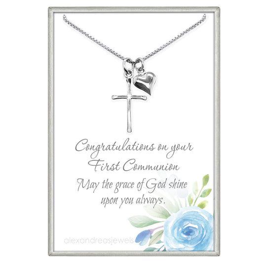 Sterling Silver Cross Necklace for Girls, Sterling Silver Cross with Puffed Heart Charm Necklace, First Communion Gift Necklace for Daughter, Goddaughter Gift Necklace