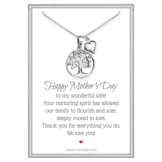 925 Sterling Silver Tree of Life with Tiny Pufed Heart Charm Necklace - Mothers Day Gift, Birthday Valentine's Day Mothers Day Present, Tree of Life Necklace for Women (for wife)