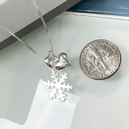 Delicate and Dainty Sterling Silver Snowflake Necklace Heart Charm Necklace, Daughter Wife Girlfriend Best Friend Gift Necklace, Christmas Gift Necklace