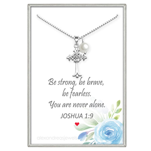 Sterling Silver Cross Necklace for Women, Cross Necklace with White Crystal Pearl, Inspirational Faith Necklace, Religious Gift Necklace with Bible Verse Message