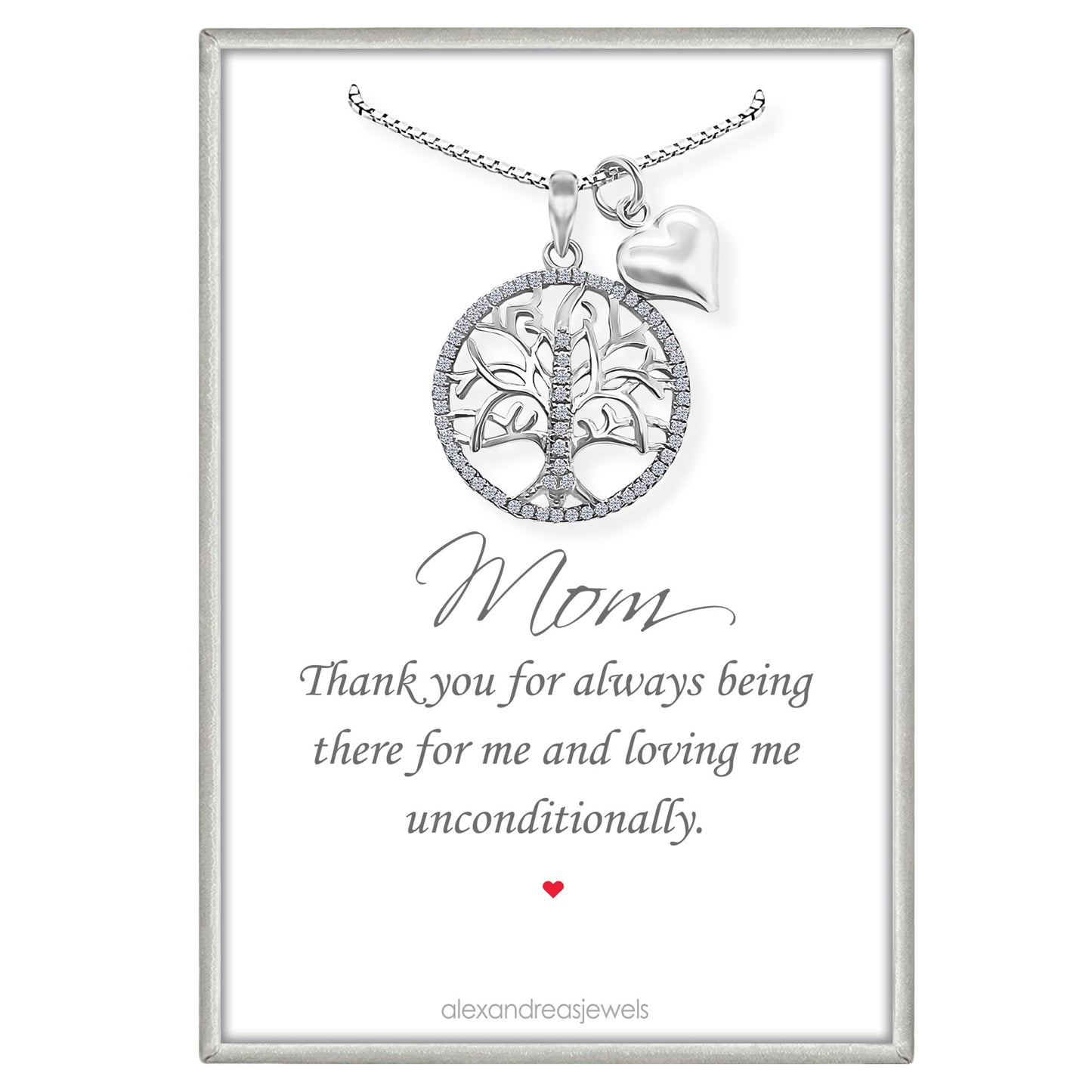 Tree of Life Necklace for Women, 925 Sterling Silver Necklace with Crystals and Puffed Heart Charm - Mom Birthday Gift, Mother of the Bride and Mother of the Groom Gift