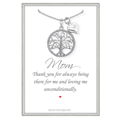 Tree of Life Necklace for Women, 925 Sterling Silver Necklace with Crystals and Puffed Heart Charm - Mom Birthday Gift, Mother of the Bride and Mother of the Groom Gift