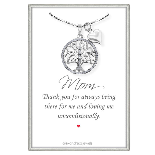 Tree of Life Necklace for Women, 925 Sterling Silver Necklace with Crystals and Puffed Heart Charm - Mom Birthday Gift, Mother of the Bride and Mother of the Groom Gift