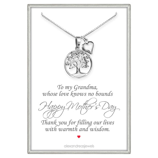 925 Sterling Silver Tree of Life with Tiny Pufed Heart Charm Necklace - Mothers Day Gift, Birthday Valentine's Day Mothers Day Present, Tree of Life Necklace for Women (for grandmother)