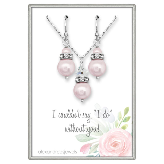 Light Pink Pearl Bridesmaid Necklace and Earrings Set, Light Pink Wedding Bridal Party Jewelry, Maid of Honor Thank You Gift, Bridesmaid Proposal Present