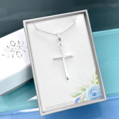 Lightweight and Delicate High Polish 925 Sterling Silver Cross Necklace for Women, Baptism, First Communion Gift Necklace for Daughter, Niece, Best Friend