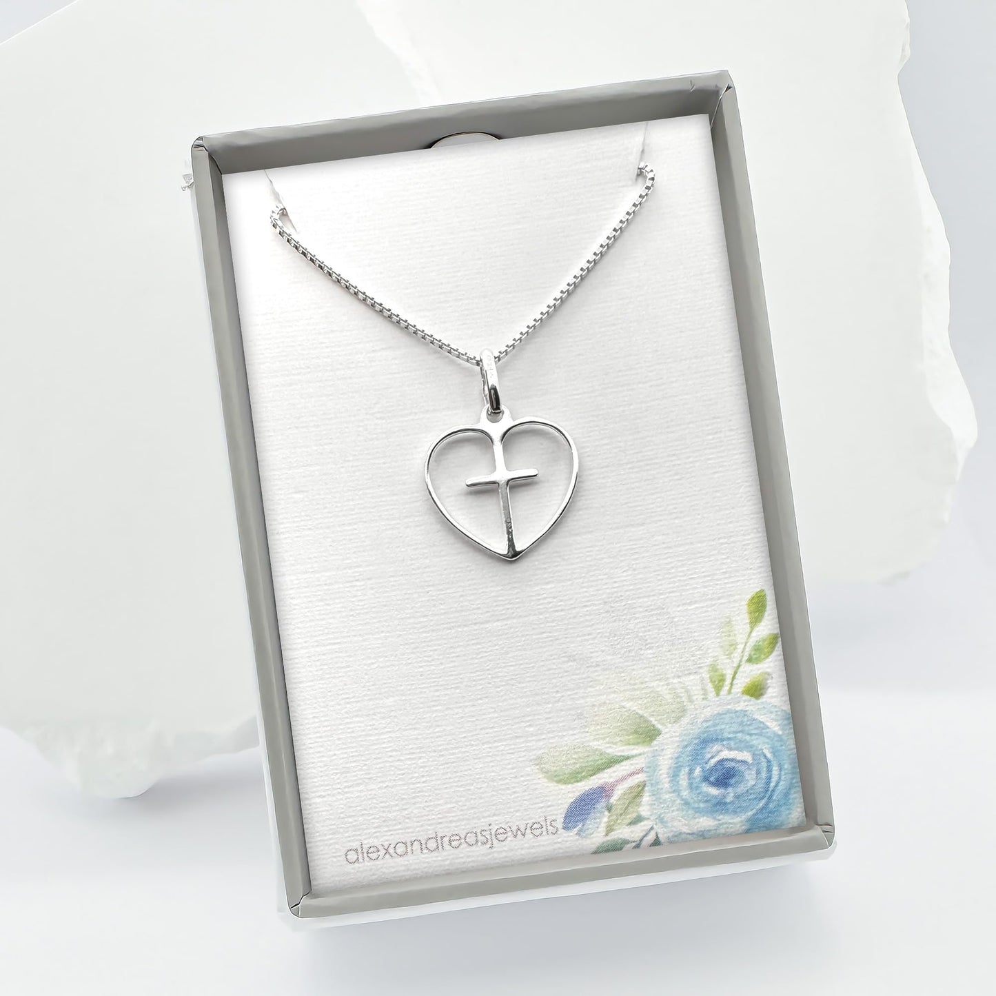 Tiny Delicate and Dainty Sterling Silver Cross Heart Necklace for Baptism Confirmation Gift for Goddaughter Necklace for First Communion Daughter Gift (18 inches)