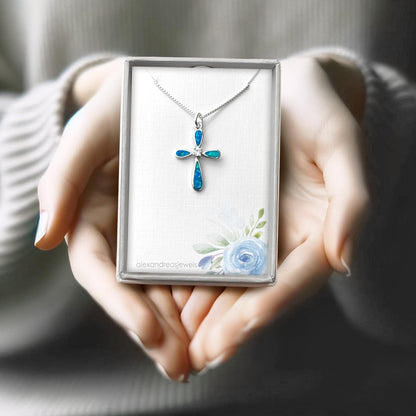 Sterling Silver Cross Necklace for Women, Sterling Silver Cross Pendant Necklace with Lab Created Blue Opal Inlay, Religious Jewelry Gift, Faith Necklace