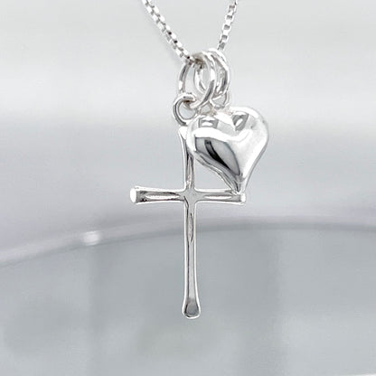 Delicate and Dainty Sterling Silver Cross Necklace with Puffed Heart Charm for Women