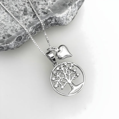 925 Sterling Silver Tree of Life with Tiny Pufed Heart Charm Necklace - Mothers Day Gift, Birthday Valentine's Day Mothers Day Present, Tree of Life Necklace for Women (for daughter)