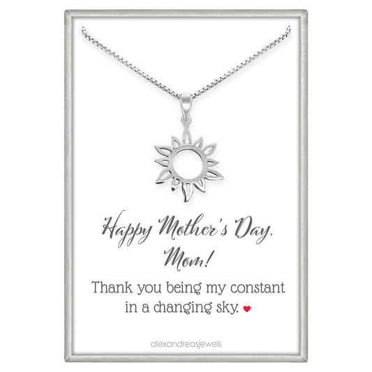 Mother's Day Gift Necklace for Mom Wife Grandmother Sun Necklace, Sterling Silver Sun Pendant Necklace for Women Sunburst Necklace Mothers Day Present