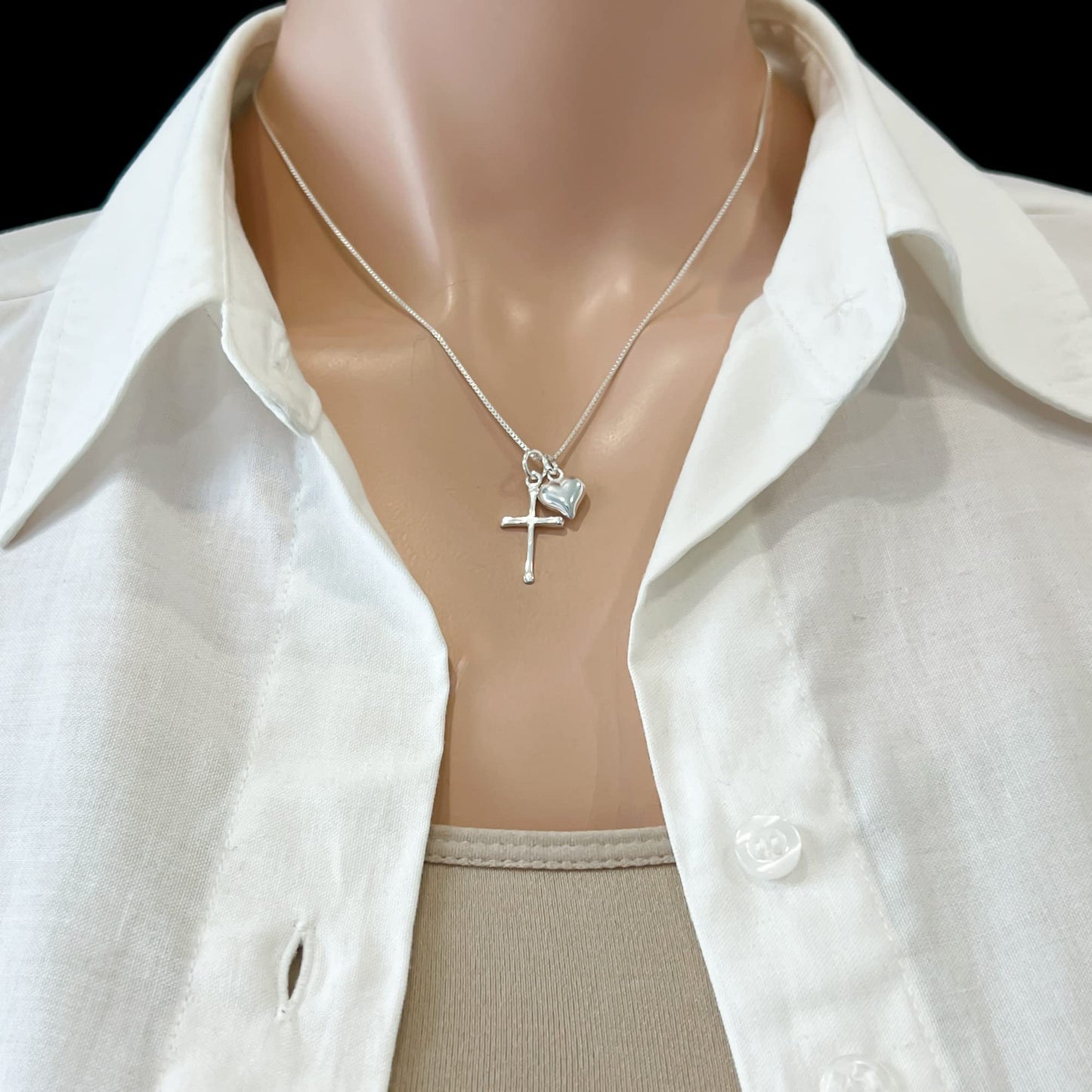 Delicate and Dainty Sterling Silver Cross Necklace with Puffed Heart Charm for Women