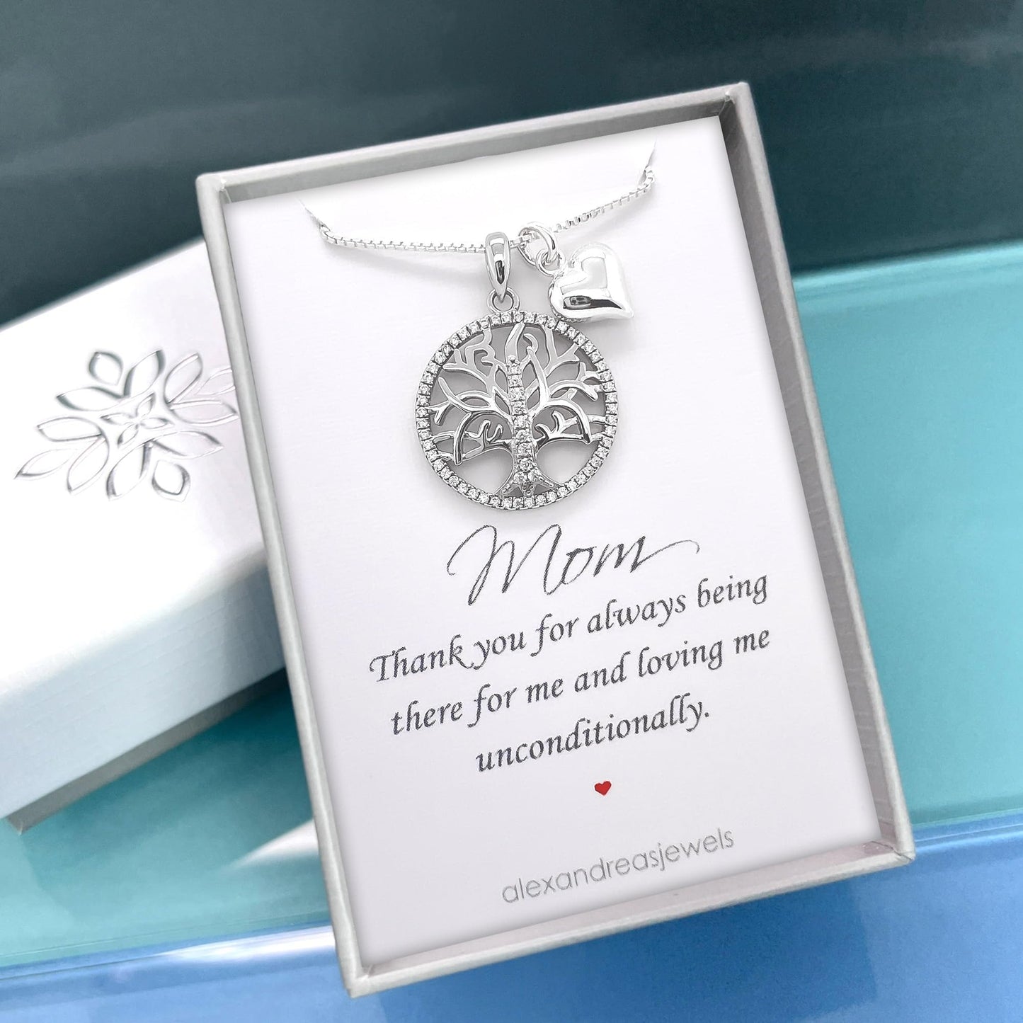 Tree of Life Necklace for Women, 925 Sterling Silver Necklace with Crystals and Puffed Heart Charm - Mom Birthday Gift, Mother of the Bride and Mother of the Groom Gift