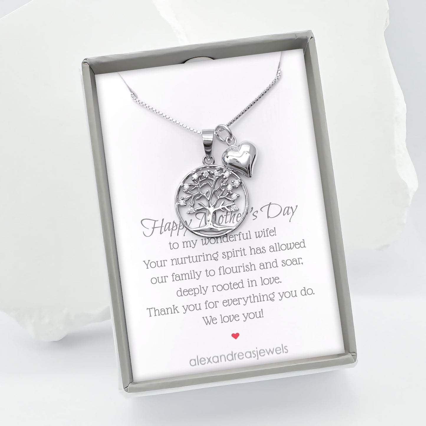 925 Sterling Silver Tree of Life with Tiny Pufed Heart Charm Necklace - Mothers Day Gift, Birthday Valentine's Day Mothers Day Present, Tree of Life Necklace for Women (for wife)