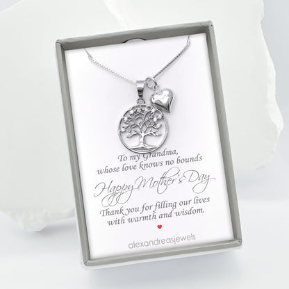 925 Sterling Silver Tree of Life with Tiny Pufed Heart Charm Necklace - Mothers Day Gift, Birthday Valentine's Day Mothers Day Present, Tree of Life Necklace for Women (for daughter)