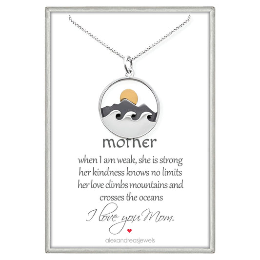 Mother's Day Gift for Mom, Sterling Silver Mountain Range Ocean Wave and Bronze Sun Pendant Necklace for Women