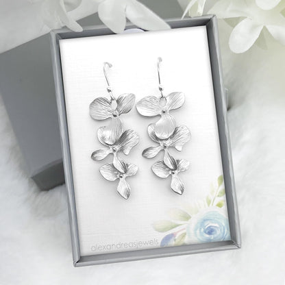 Orchid Cascade Earrings, Orchid Flower Earrings, Silver Orchid Jewelry, Bridesmaid Earrings, Briday Party Jewelry Gift, Flower Earrings, Triple Flower Orchid Cascade Earrings (silver plated)