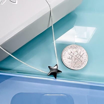 Black Star Necklace, Delicate and Dainty Sterling Silver Black Magnetic Hematite Floating Star Necklace Necklace, Black Star Choker Layering Necklace