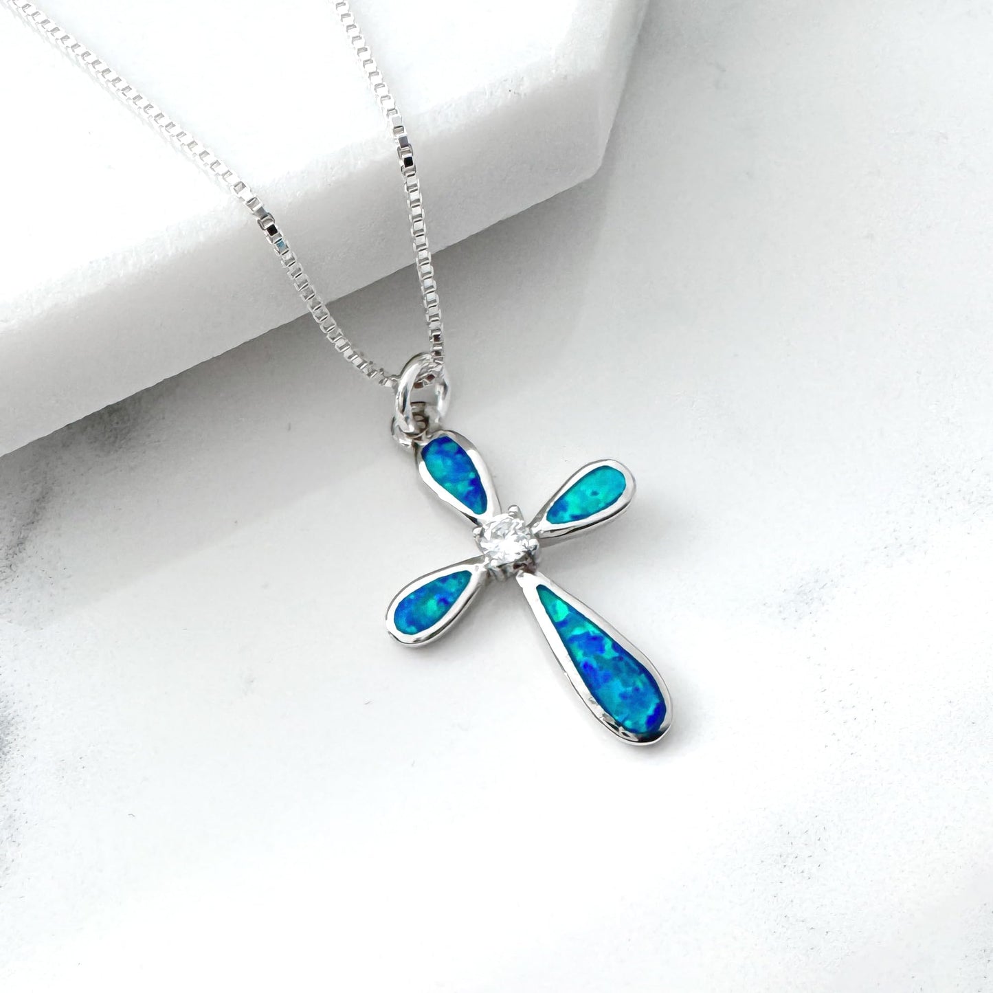 Sterling Silver Cross Necklace for Women, Sterling Silver Cross Pendant Necklace with Lab Created Blue Opal Inlay, Religious Jewelry Gift, Faith Necklace