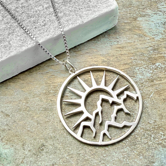 Sterling Silver Sun and Mountain Necklace, Nature Lover Gift, Hiking Jewelry, Outdoorsy Pendant Adventure Necklace, Outdoors Summer Necklace