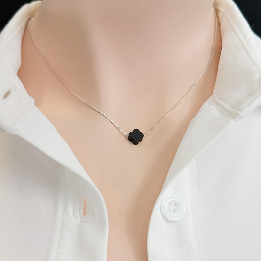 Black Onyx Four Leaf Clover Necklace Sterling Silver Lucky Charm Minimalist Everyday Jewelry Gift