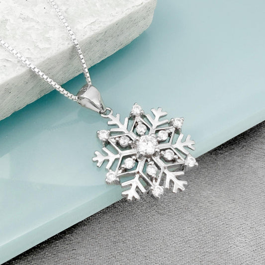 Sterling Silver Snowflake Necklace with Cubic Zirconia, Sparkling Winter Pendant Jewelry