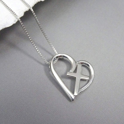 Sterling Silver Heart Cross Necklace for Women, Heart and Necklace, Baptism Gift Necklace, Christmas Gift Necklace, Confirmation Gift Necklace