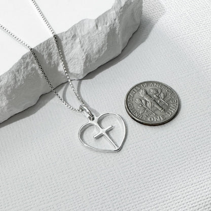 Tiny Delicate and Dainty Sterling Silver Cross Heart Necklace for Baptism Confirmation Gift for Goddaughter Necklace for First Communion Daughter Gift (18 inches)