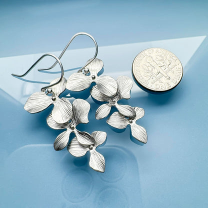 Orchid Cascade Earrings, Orchid Flower Earrings, Silver Orchid Jewelry, Bridesmaid Earrings, Briday Party Jewelry Gift, Flower Earrings, Triple Flower Orchid Cascade Earrings (silver plated)