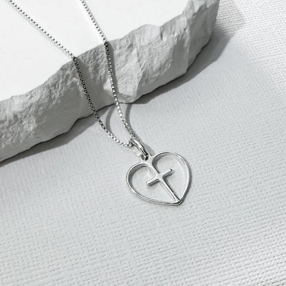 Tiny Delicate and Dainty Sterling Silver Cross Heart Necklace for Baptism Confirmation Gift for Goddaughter Necklace for First Communion Daughter Gift (18 inches)