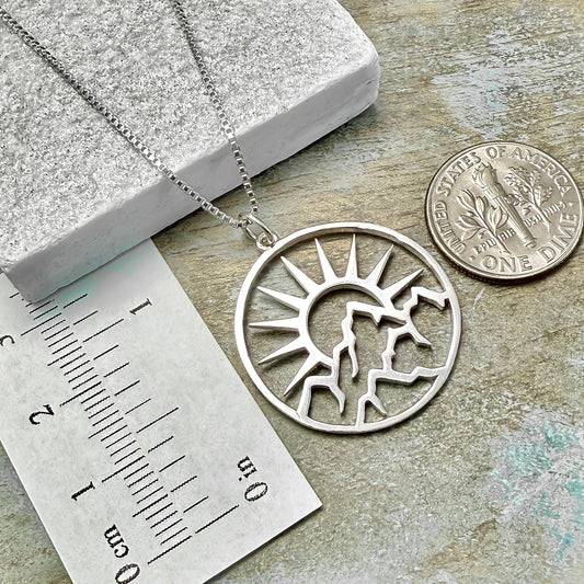 Sterling Silver Sun and Mountain Necklace, Nature Lover Gift, Hiking Jewelry, Outdoorsy Pendant Adventure Necklace, Outdoors Summer Necklace