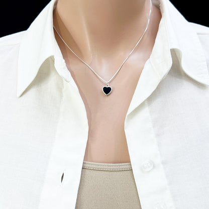 Mother's Day Gift Black Onyx Heart Necklace for Women, Grandmother Gift for Mother's Day, Black Onyx Heart Sterling Silver Layering Necklace